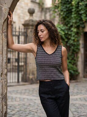 Jeffrey Dora Crop Top – Black – Metallic Stripes – Size 10